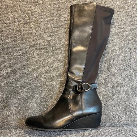 Kenneth Cole Reaction Tip Dress Black Knee High Stretch Boots Womens 8 Wedge - Picture 1 of 10